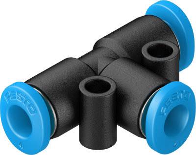 Schwarzes T-Stück-Verbindungsstück aus Kunststoff mit blauen Endkappen, verwendet für pneumatische Anwendungen, Marke Festo.