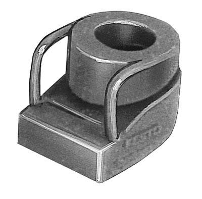 Ein Metallklotz mit einem zylindrischen Loch oben und zwei gebogenen Griffen an den Seiten, möglicherweise ein Werkzeug oder Geräteteil.