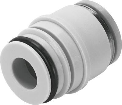 Weiße Kunststoffkupplung mit mehreren Ringen und einer schwarzen Dichtung, geeignet für Rohrverbindungen.