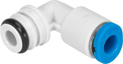 Weiße L-förmige Rohrverbindung mit schwarzem Dichtungsgummi und blauem Verschluss, für Druckluftleitungsanwendungen geeignet.