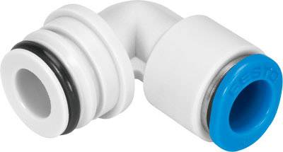Ein weißer Kunststoffschlauchverbinder mit 90-Grad-Winkel und blauer Kappe auf einer Seite für pneumatische Anwendungen.