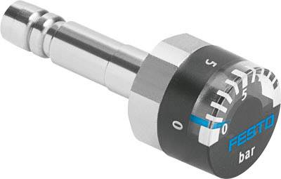 Ein Metallventil mit Anzeige für Luftdruck in Bar. Auf der Anzeige sind Werte von 0 bis 10 Bar sichtbar. Das Logo 'FESTO' ist aufgedruckt.