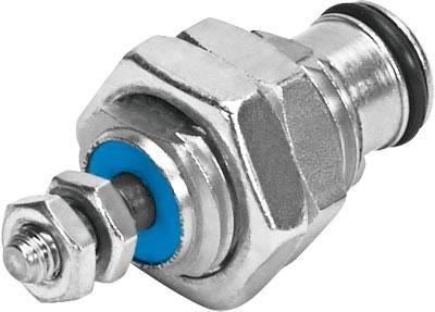 Ein silbernes metallisches Bauteil mit einer blauen Dichtung, vermutlich ein Pneumatikanschluss, liegt seitlich, zeigt Details einer Verschraubung.