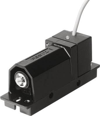 Ein schwarzer Elektromagnet mit Kabelanschluss, montiert auf einem rechteckigen Sockel.