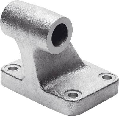Metallbeschlag in L-Form, geeignet zur Befestigung an flachen Oberflächen, mit vier Bohrlöchern zur Stabilisierung und einem Rohransatz.