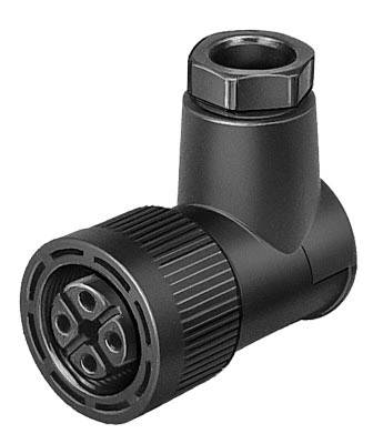 Schwarzer 90-Grad-Winkeladapter für Steckverbindungen, mit geriffelter Oberfläche und rundem Anschluss mit vier Stecklöchern.