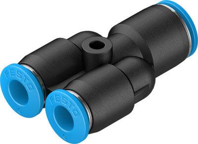 Doppelschlauchverbinder in Schwarz mit blauen Enden, verwendet für pneumatische Anwendungen in automatisierten Systemen.