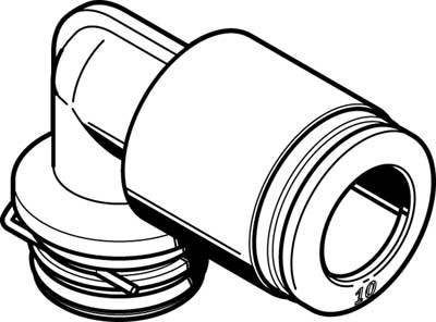Schwarz-weiß Illustration eines Rohrverbindungsstücks mit Gewinde und abgewinkeltem Anschluss.