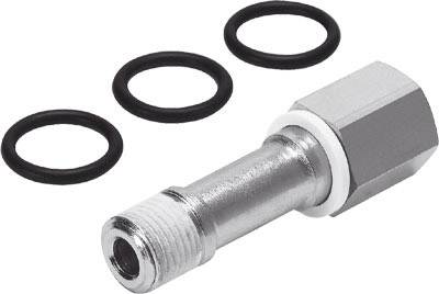 Ein Metalladapter mit Gewinde und vier schwarzen O-Ringen.