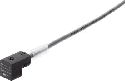 Ein rechteckiger schwarzer Stecker ist mit einem grauen Kabel verbunden. Auf dem Kabel steht 'FESTO SES30D-M8-F-400-K'.