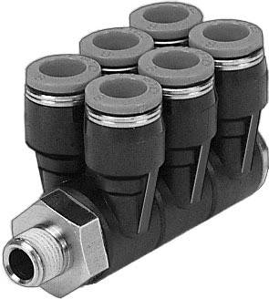 Ein sechsfache Pneumatikverbinder mit einem Einlass und sechs Auslässen, ideal für die Verteilung von Druckluft in Maschinen.