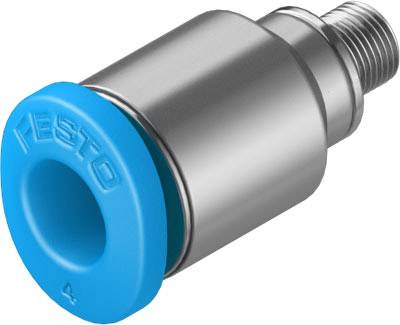 Silberner pneumatischer Zylinder mit blauem Endstück, Aufschrift 'Festo' sichtbar.