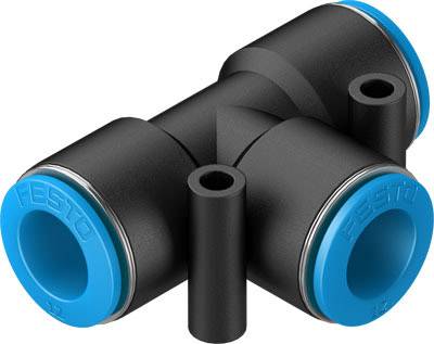 Kunststoff-T-Stückkupplung mit blauen Endkappen, stellt Verbindungen in pneumatischen Systemen her.