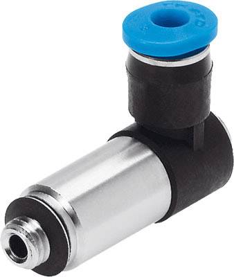 Ein Winkelverbinder aus Metall mit blauem Kunststoffkopf, typischerweise für Luftschläuche oder Pneumatiksysteme verwendet.