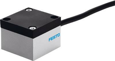 Würfelförmiger Sensor mit Kabel und dem Logo 'Festo' an der Seite. Hauptfarben Schwarz und Silber.