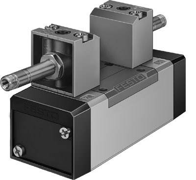 Festo-Produkt: Pneumatisches Ventil mit zwei seitlichen Anschlüssen und mittlerem Gehäuse. Technisches Bauteil für Steuerungssysteme.