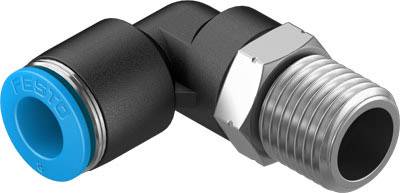 Winkeladapter aus Metall und Kunststoff mit blauen und silbernen Elementen, wird in pneumatischen Systemen zur Verbindung von Rohren verwendet.