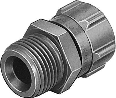 Metallverbindungsstück mit Schraubgewinde und sechseckigem Griff für Rohrsysteme oder Maschinenmontage.