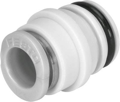 Kunststoff-Steckverbinder mit schwarzen Dichtungsringen, zylindrische Form, weiß-graue Farbe.