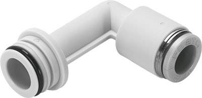 Ein weißer Kunststoff-Winkelverbinder für Rohrverbindungen, mit zwei schwarzen Dichtungsringen an den Enden.