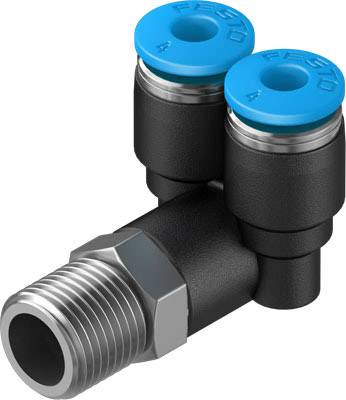 Zweifach-Steckverbinder aus Metall mit blauen Kunststoffkappen.