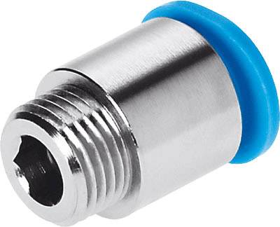 Steckverbindung aus Metall mit außenliegendem Gewinde und blauer Dichtung, verwendet für sichere Verbindungen in pneumatischen Systemen.
