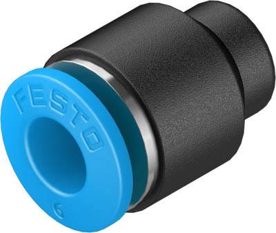 Ein schwarzer, zylindrischer Pneumatikstecker mit einer blauen Kappe, auf der 'Festo' steht. Wird für Luftanschlüsse verwendet.