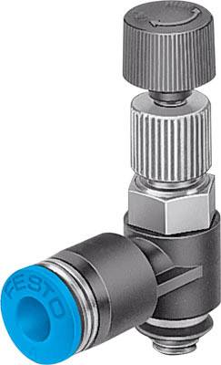 Ein Pneumatik-Schalldämpfer von Festo mit blauer Düse und grauem Ventil für Luftsteuerungssysteme.