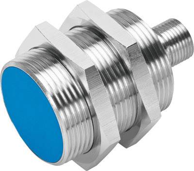 Ein zylindrischer, silberner Sensor mit blauer Vorderseite und Schraubengewinde.