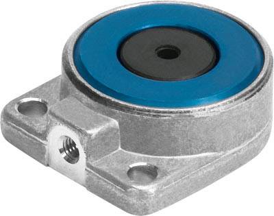 Metallische Lagerhalterung mit einer blauen Scheibe in der Mitte, zwei Befestigungslöchern und einem Gewinde an der Seite.