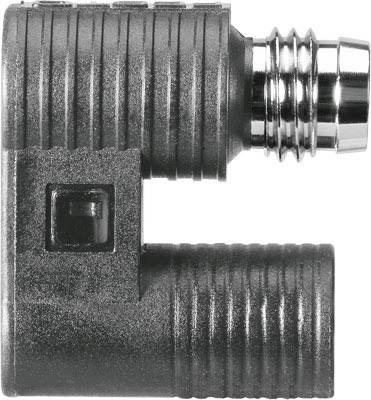 Kleiner, schwarzer Adapter mit L-förmigem Design, geriffelter Textur und Metallgewinde. Geeignet zum Verbinden von Audio- oder Videoanschlüssen.