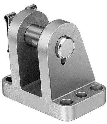 Metallisches Befestigungselement mit drei Schraubenlöchern und zylindrischem Drehgelenk. Hochwertige Verarbeitung, industrielle Anwendung.