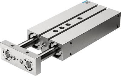 Ein rechteckiger pneumatischer Zylinder mit zwei parallel verlaufenden Führungsschienen und mehreren Befestigungspunkten.