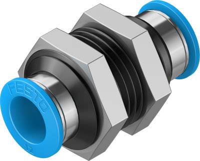 Metallene Schnellkupplung mit blauen Endkappen, verwendet in Pneumatiksystemen zur sicheren Verbindung von Schläuchen.