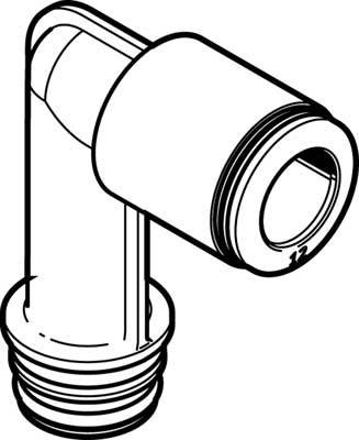 Technische Zeichnung eines verstellbaren Winkeladapters mit Gewinden an beiden Enden, verwendet für Rohrverbindungen in der Sanitärinstallation.