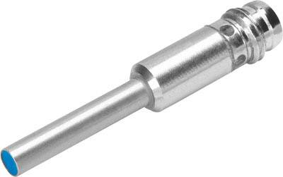 Zylinderförmiger Metallstift mit blauem Ende. Verwendet als elektrischer Kontakt oder Stecker in technischen Geräten.