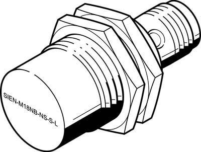Ein zylindrischer Sensor mit der Aufschrift 'SIEN-M18NB-NS-S-L'. Der Sensor hat zwei hexagonale Muttern und ein Gewinde am Ende.