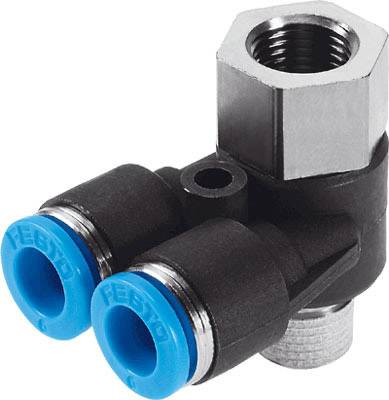 Ein doppelter Pneumatik-Verschraubungswinkel mit blauen Anschlusskappen, geeignet für Druckluftanwendungen.