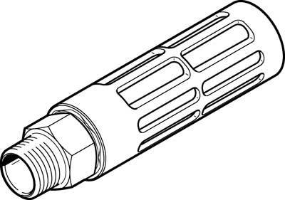 Handzeichnung eines Metallzylinders mit Gewinde an einem Ende und Lüftungsschlitzen. Möglicherweise ein Filter oder Schalldämpfer.
