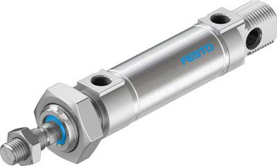 Ein zylindrischer pneumatischer Antrieb aus Metall, gekennzeichnet durch das blaue Logo 'Festo', mit zwei Anschlüssen an beiden Enden.