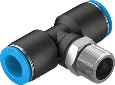 Ein T-Stück für Pneumatik-Schlauchverbindungen mit zwei blauen Schlauchanschlüssen und einem silbernen Gewindeanschluss.