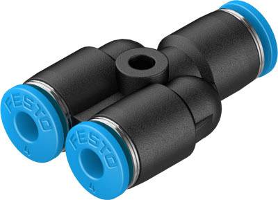 Ein schwarzer Y-Steckverbinder mit zwei blauen Anschlüssen, verwendet in pneumatischen Systemen.