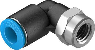 Winkelverbinder aus Metall und Kunststoff mit blauer Kappe, verwendet für pneumatische Systeme, Marke 'Festo'.