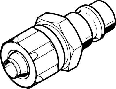 Technische Zeichnung eines Hydraulikkupplungsstutzens mit Gewinde und Dichtung. Hauptkomponenten und Verbindungen sind erkennbar.