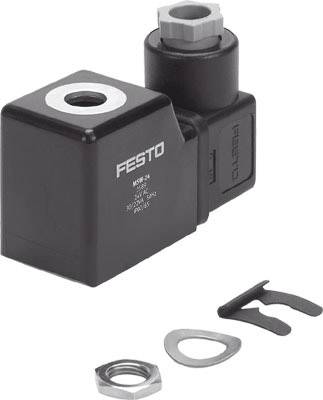 Elektrisches Magnetventil von Festo mit schwarzem Gehäuse, einer Anschlussöffnung oben und kleinen Metallteilen zur Montage daneben.