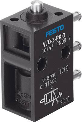 Ventil von Festo mit Beschriftung 'V/0-3-PK-3', Druckbereich '0-8bar', '0-116psi', und technischer Zeichnung für Anschlussdetails.
