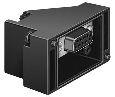 Ein schwarzer rechteckiger Stecker mit mehreren Pins und einem Gehäuse. Er dient zur elektronischen Verbindung.