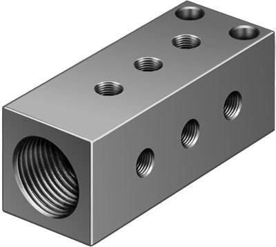 Grauer, rechteckiger Metallblock mit mehreren Schraubgewinden und Löchern unterschiedlicher Größe auf den Ober- und Seitenflächen.