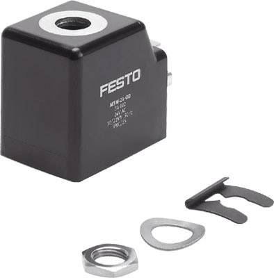 Schwarzes Festo-Elektroventil mit Zubehör: Metallmutter, Dichtungsring und Metallclip.
