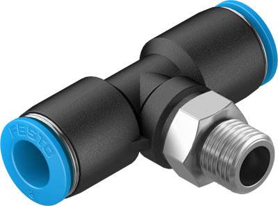 Dreifach Schlauchverbinder aus Metall und Kunststoff mit blauen und schwarzen Elementen, geeignet für pneumatische Anwendungen.